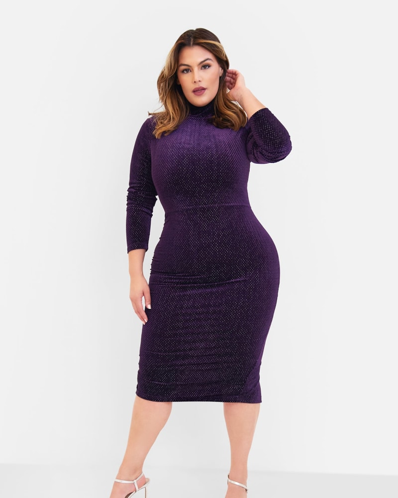 Side of a model wearing a size L Kerry Velvet High Neck Midi Bodycon Dress - Royal Purple in Purple by Rebdolls. | dia_product_style_image_id:322071